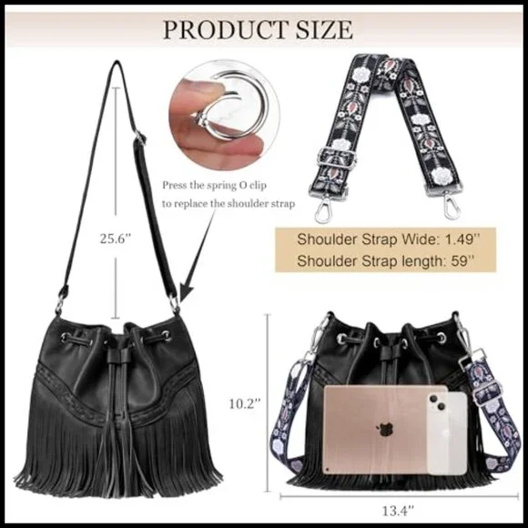 Vegan Leather Hobo Bag Fringe Tassel Western Boho Crossbody Shoulder Purse - Picture 5 of 7